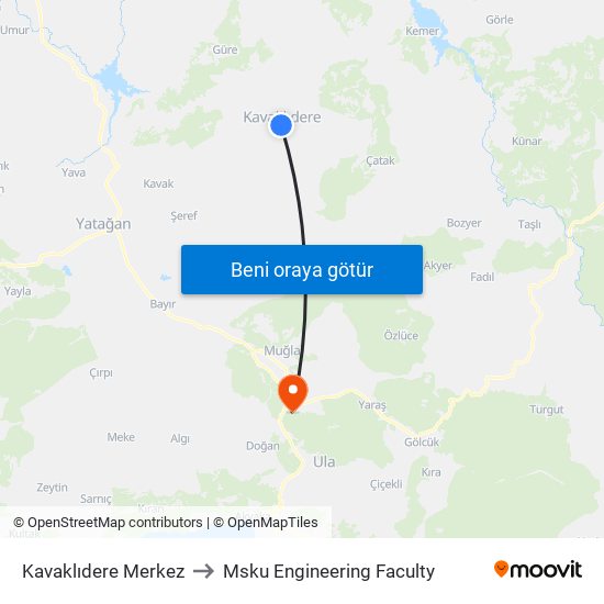 Kavaklıdere Merkez to Msku Engineering Faculty map