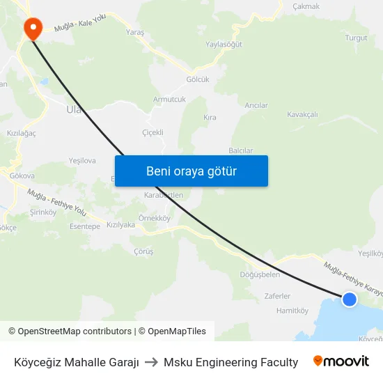 Köyceğiz Mahalle Garajı to Msku Engineering Faculty map
