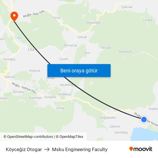 Köyceğiz Otogar to Msku Engineering Faculty map