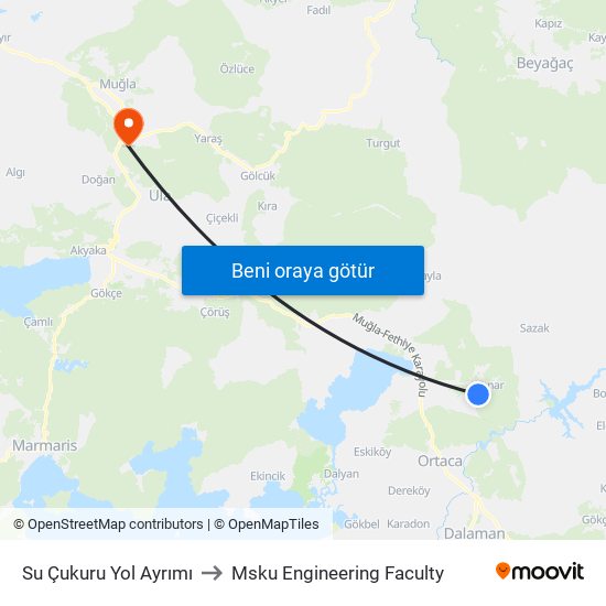 Su Çukuru Yol Ayrımı to Msku Engineering Faculty map
