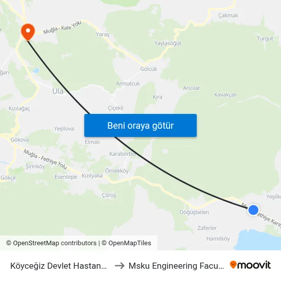 Köyceğiz Devlet Hastanesi to Msku Engineering Faculty map