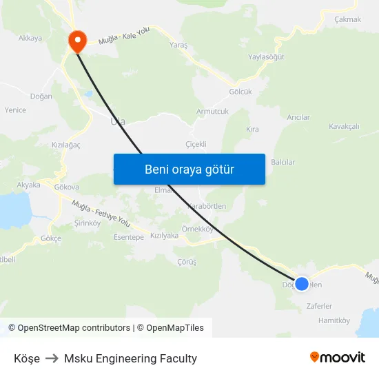 Köşe to Msku Engineering Faculty map