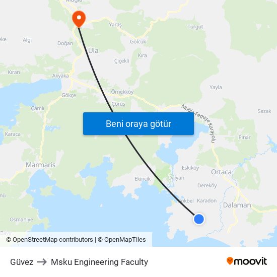 Güvez to Msku Engineering Faculty map