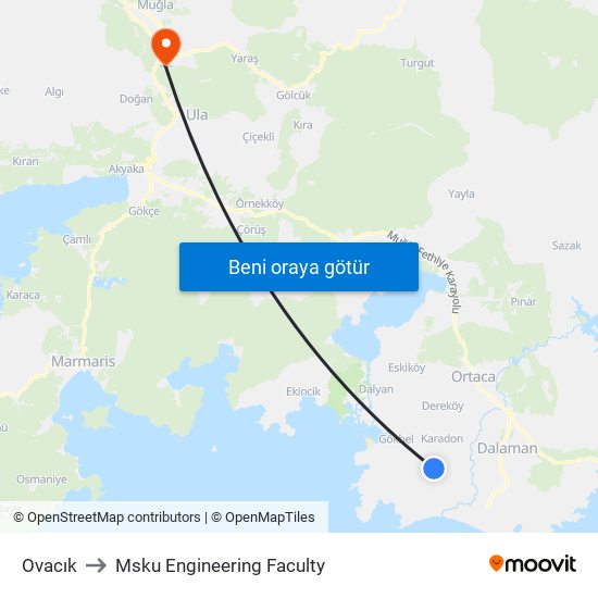 Ovacık to Msku Engineering Faculty map