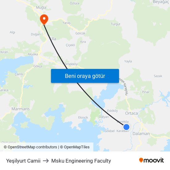 Yeşilyurt Camii to Msku Engineering Faculty map