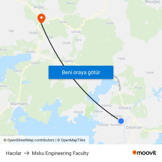 Hacılar to Msku Engineering Faculty map