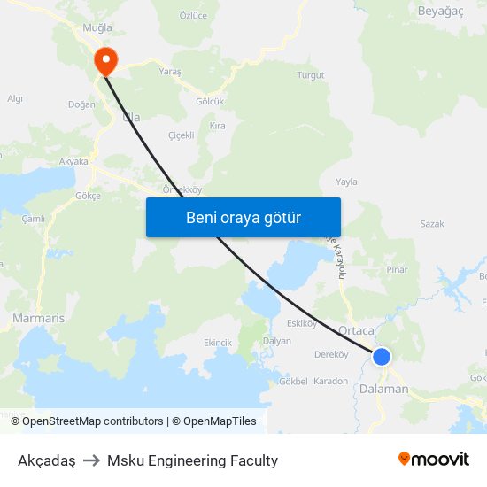 Akçadaş to Msku Engineering Faculty map