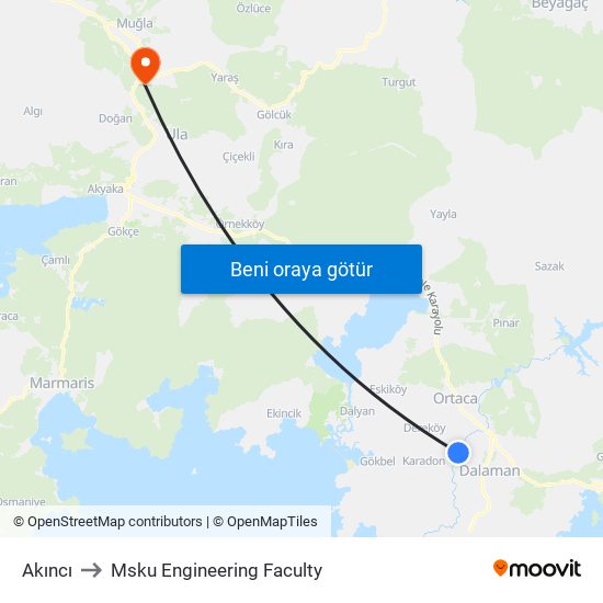 Akıncı to Msku Engineering Faculty map
