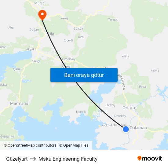 Güzelyurt to Msku Engineering Faculty map