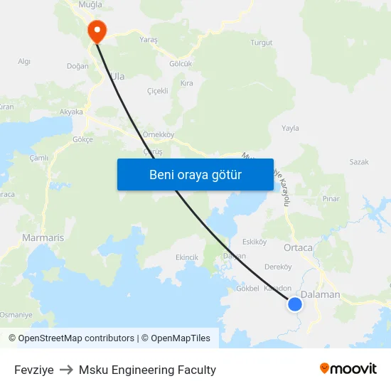Fevziye to Msku Engineering Faculty map