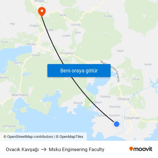 Ovacık Kavşağı to Msku Engineering Faculty map