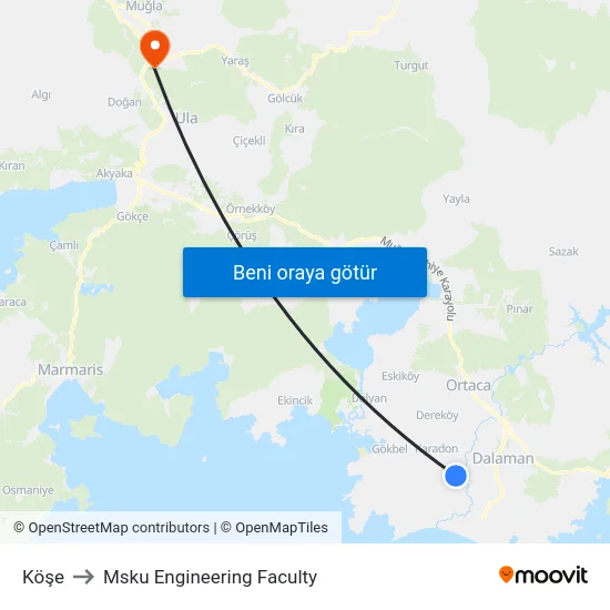 Köşe to Msku Engineering Faculty map