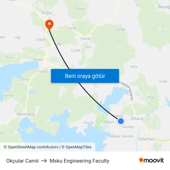 Okçular Camii to Msku Engineering Faculty map