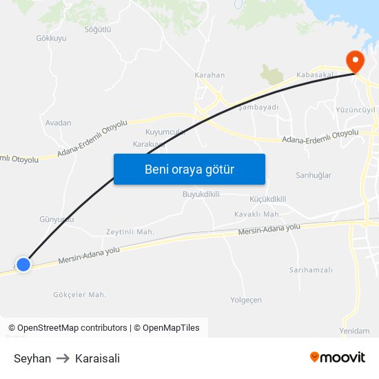 Seyhan to Karaisali map