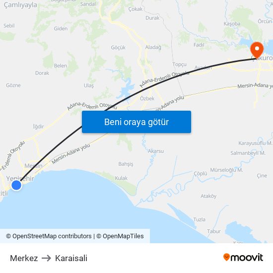 Merkez to Karaisali map