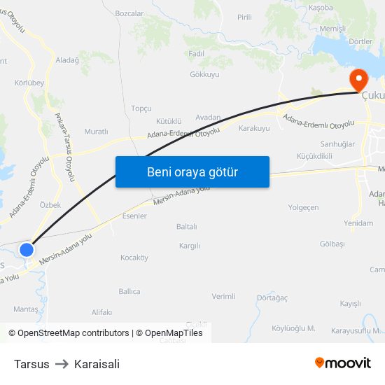 Tarsus to Karaisali map