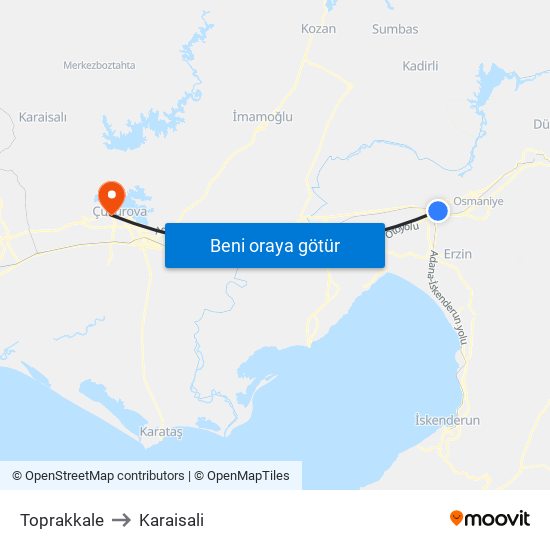 Toprakkale to Karaisali map