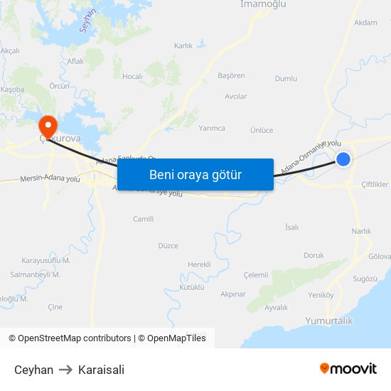 Ceyhan to Karaisali map