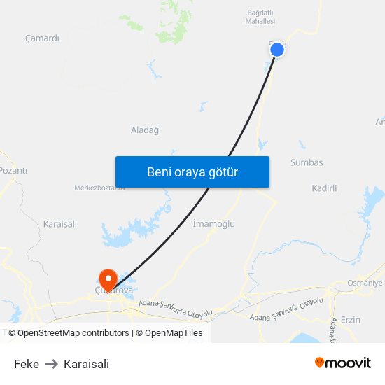 Feke to Karaisali map