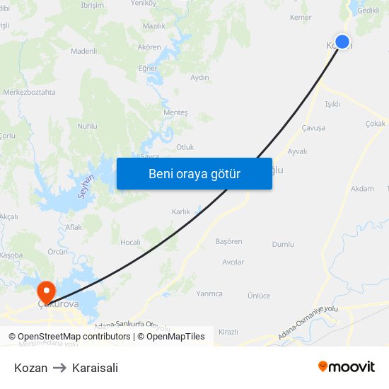 Kozan to Karaisali map