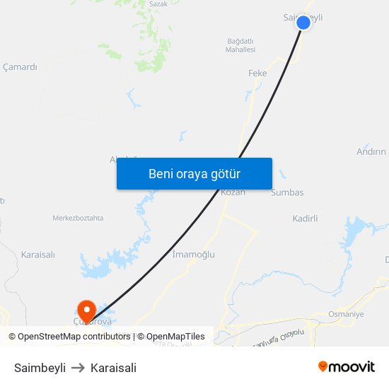Saimbeyli to Karaisali map