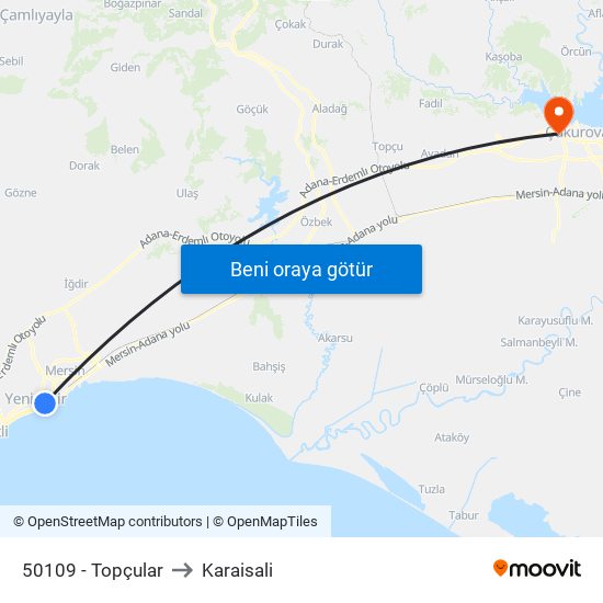 50109 - Topçular to Karaisali map