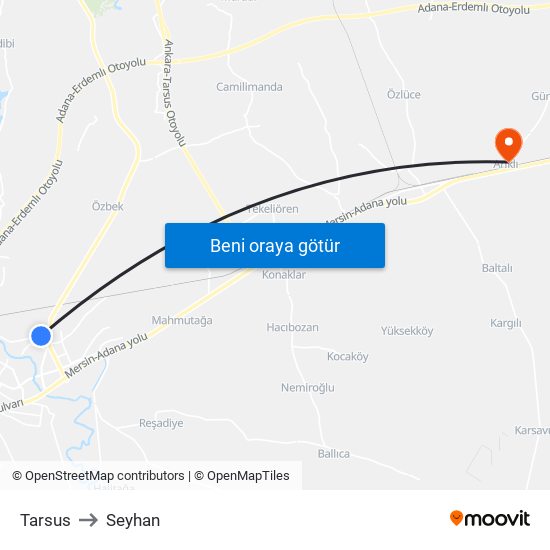Tarsus to Seyhan map