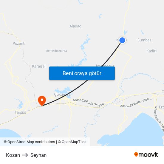 Kozan to Seyhan map