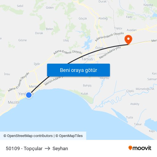 50109 - Topçular to Seyhan map