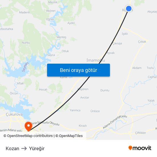 Kozan to Yüreğir map