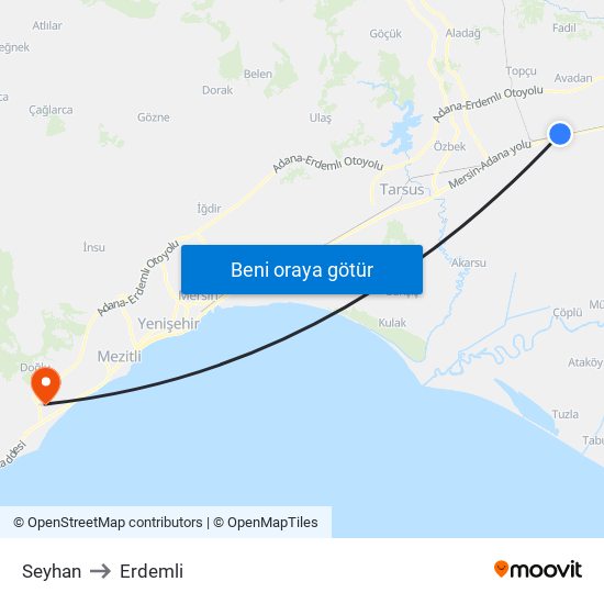 Seyhan to Erdemli map