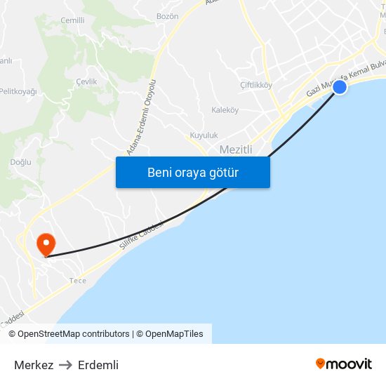 Merkez to Erdemli map