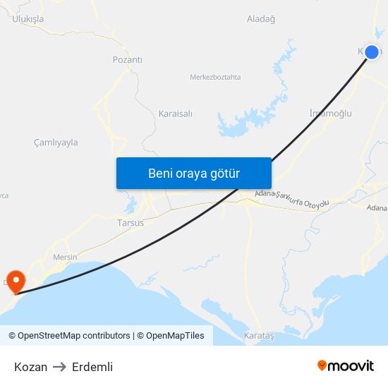 Kozan to Erdemli map