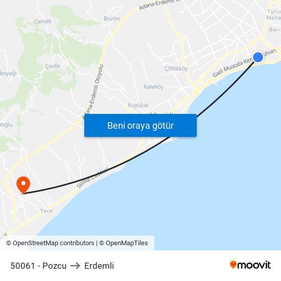 50061 - Pozcu to Erdemli map