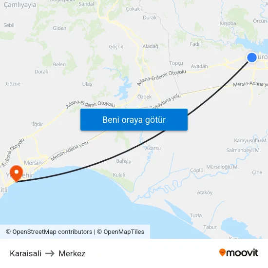 Karaisali to Merkez map