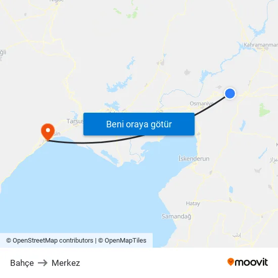 Bahçe to Merkez map