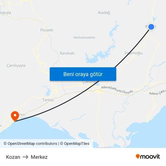 Kozan to Merkez map