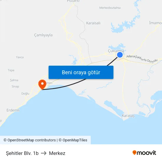 Şehitler Blv. 1b to Merkez map