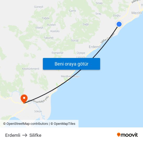Erdemli to Silifke map