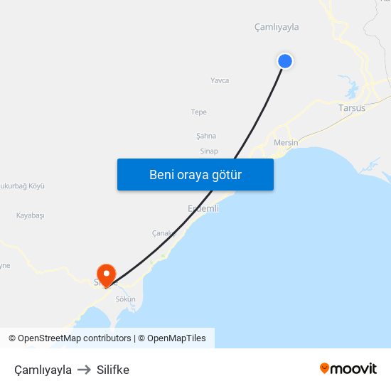 Çamlıyayla to Silifke map