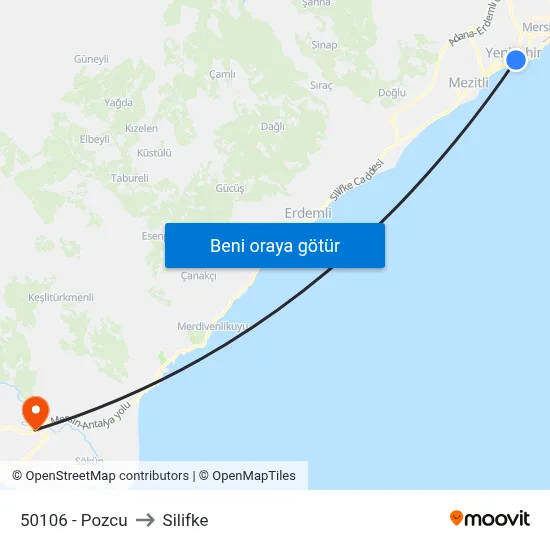 50106 - Pozcu to Silifke map