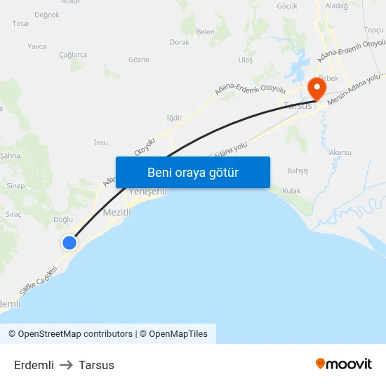 Erdemli to Tarsus map