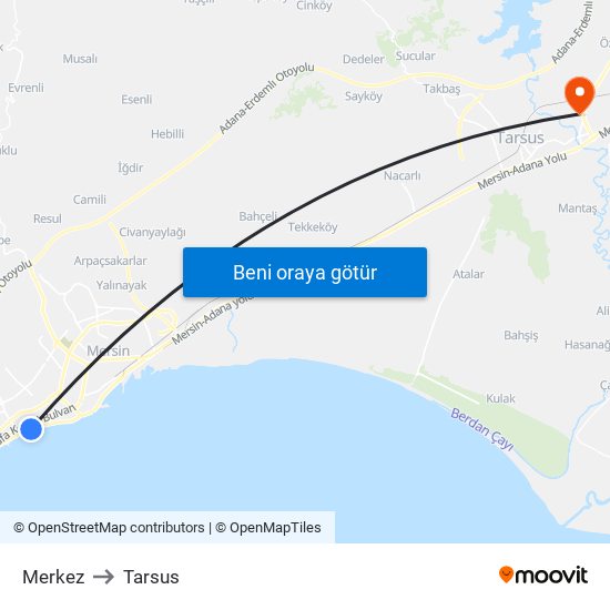 Merkez to Tarsus map