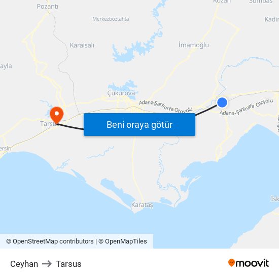 Ceyhan to Tarsus map