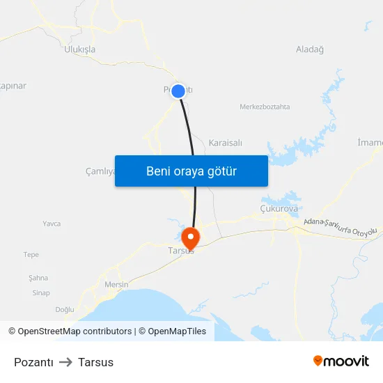 Pozantı to Tarsus map