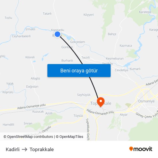 Kadirli to Toprakkale map