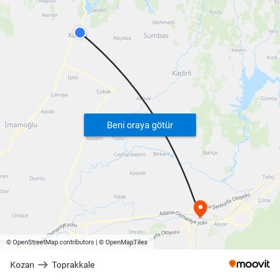 Kozan to Toprakkale map