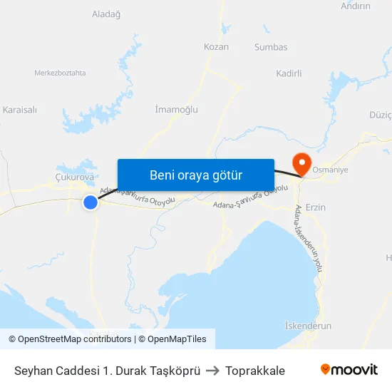 Seyhan Caddesi 1. Durak Taşköprü to Toprakkale map