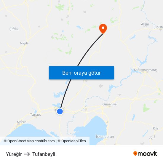 Yüreğir to Tufanbeyli map