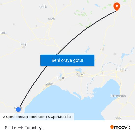 Silifke to Tufanbeyli map